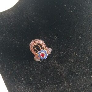 Vtg Jane Blue Red Rhinestone Brooch Pin Silver Tone Filagree